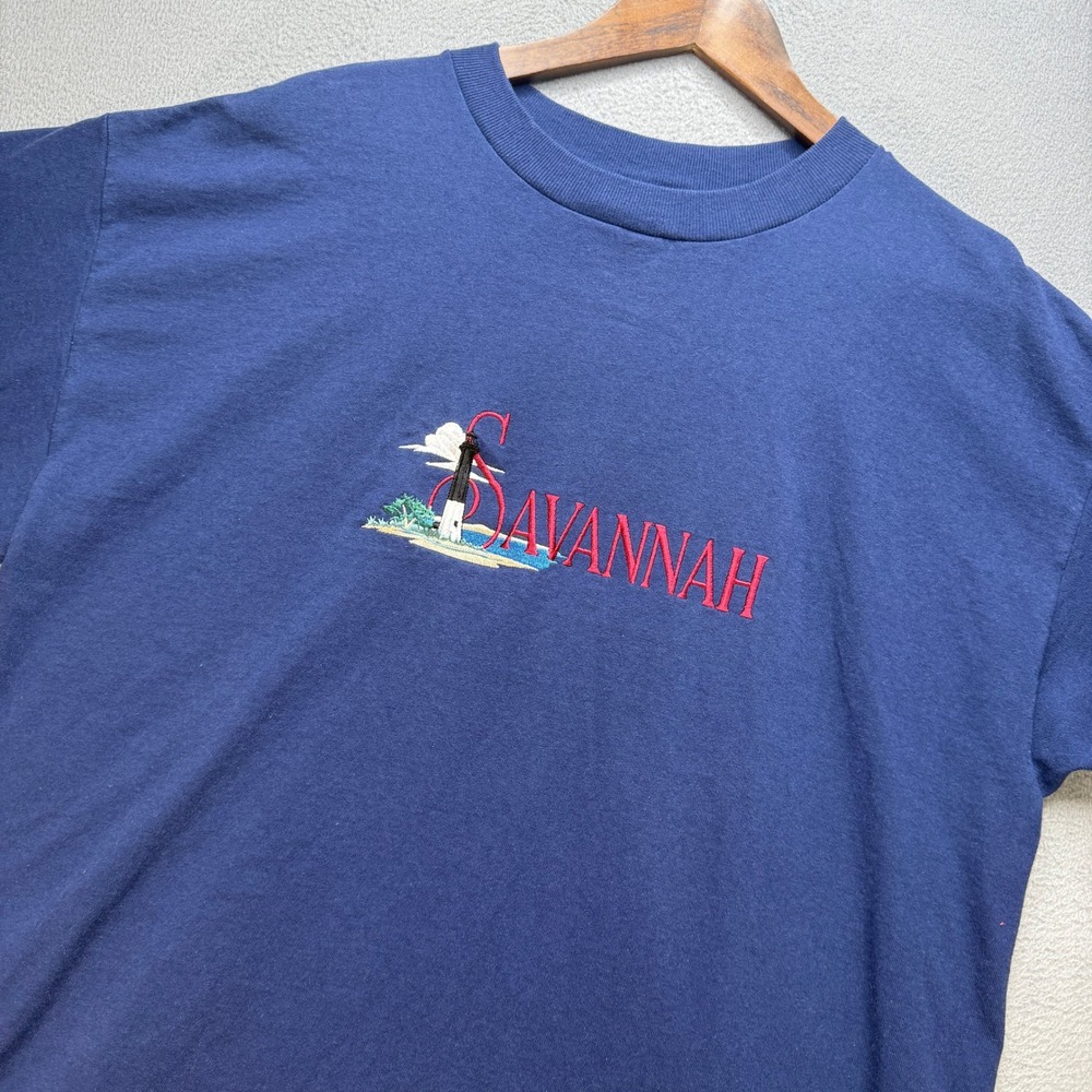 Vintage Savannah T Shirt Mens XL Blue Cotton Embroidered Lighthouse Made in USA